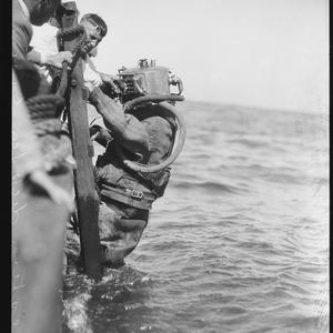 Testing deep sea diving suit, 5 April 1934
