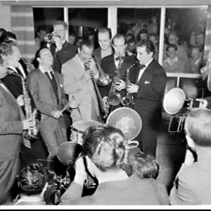 Jazz musicians Jerry Colonna, Buddy Rich and trumpeter ...