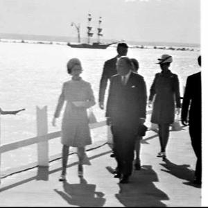 Queen Elizabeth, Governor Cutler and Premier Askin at the re-enactment of Cook's landing during the Bi-Centenary Cook Celebrations, Kurnell