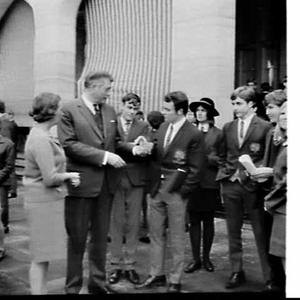 Governor Sir Roden Cutler and Lady Cutler meet Newcastle Boys' High School Vice-Captain and other high school students, Government House, Sydney