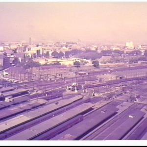 Bird's-eye view of the platforms and railway yard taken...