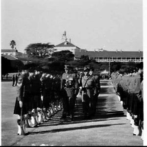 Governor Roden Cutler presents colours to the 17th Battalion, Victoria Barracks