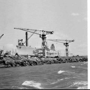 HMAS Torrens on the slipway before her launch 28 Septem...