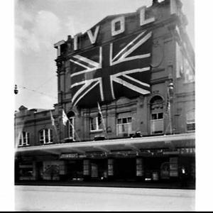 Tivoli Theatre decorated with large Union Flag (and sho...