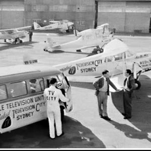 Associated Television mobile television units in a light aeroplane and a Volkswagen Kombi Van to cover the Redex Trial 1954, Bankstown Airport