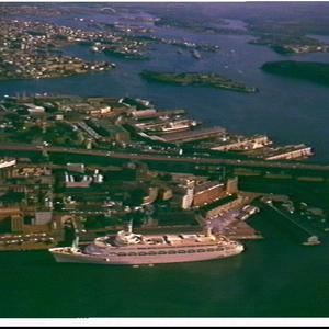 Aerial photographs of the Rocks and the liner Canberra ...