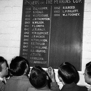 Apprentice jockeys view the Perkins Cup honour roll in ...