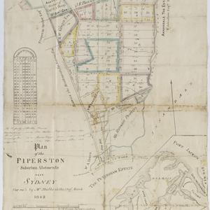 Plan of the Piperston suburban allotments near Sydney [cartographic material] / For sale by Mr Stubbs on the 14 of March 1842. E.J.H. Knapp, Surveyor.