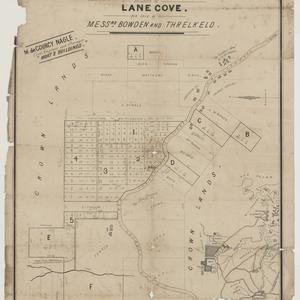 Plan of 54 splendid farm allotments situated at Lane Cove for sale by Messrs Bowden and Threlkeld [cartographic material] / M. de Courcy Nagle, civil engineer and surveyor.