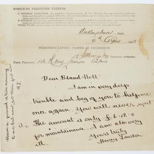 Autograph letter signed by Henry Lawson, from Darlinghu...