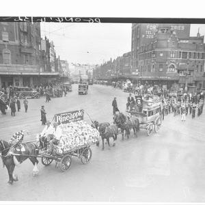 Horse-drawn float advertising Pineapple hams and bacon