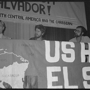 Item 0644: Tribune negatives including speaker and protest on Committees in Solidarity with Central America and the Caribbean, 1982