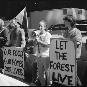 Item 1015: Tribune negatives including South East Asia rainforests anti-logging protests, Sydney, New South Wales and Jack Mundey, Clover Moore and Larry Hand, September 1987 / photographed by Stephen L., Denis Freney and Jess W.