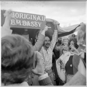 Item 720: Tribune negatives including Police dismantling Tent Embassy surrounded by seated protesters, 30 July, 1972