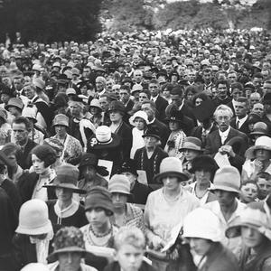 Crowds listen to the service in the Domain