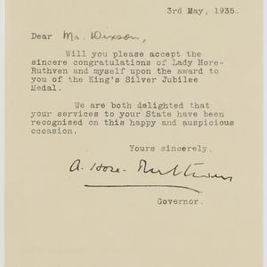 Item 04c-d: Letter from A. Hore-Ruthven, Governor, to M...