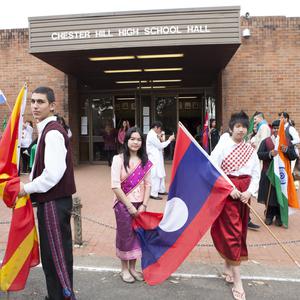 Item 055: Students holding flags outside the hall at Ch...
