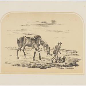 The Lost Bushman. [A view of a man and his horse and do...