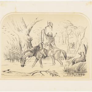 Australian Bushmen [a view of one mounted man waving to...