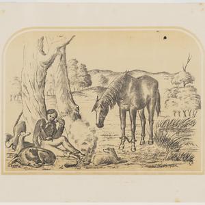 The Bushman. [A view of a seated man, with his horse an...