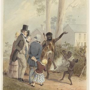 The newly arrived: a scene showing aborigines dancing b...