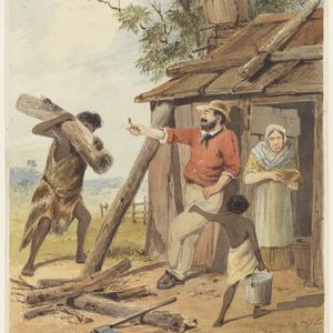 The colonized: a scene showing aborigines carrying wood...