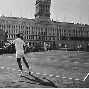 Rod Laver and Lew Hoad play tennis on the roof of Mick ...