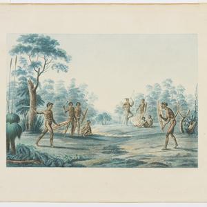 Print depicting formal Aboriginal combat scene from the...