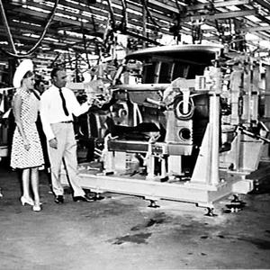 Miss Australia 1966 Sue Gallie visits the Ford factory,...