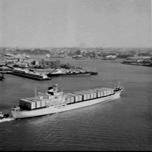 Aerial photograph of the container ship Ariake entering...